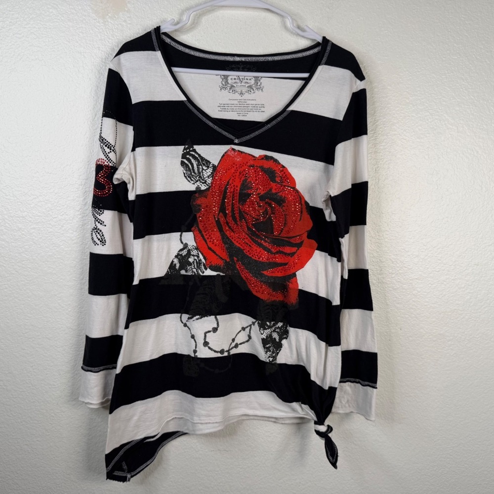 V Cristina Women's Top Black White Sz XL Y2K Gothic Rose Bling Striped Bling